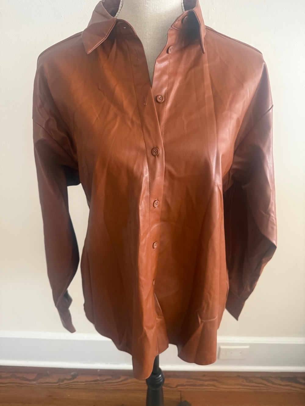 ZARA FAUX LEATHER Button Down SHIRT JACKET OVERSHIRT Brown Tan Large - Picture 3 of 6